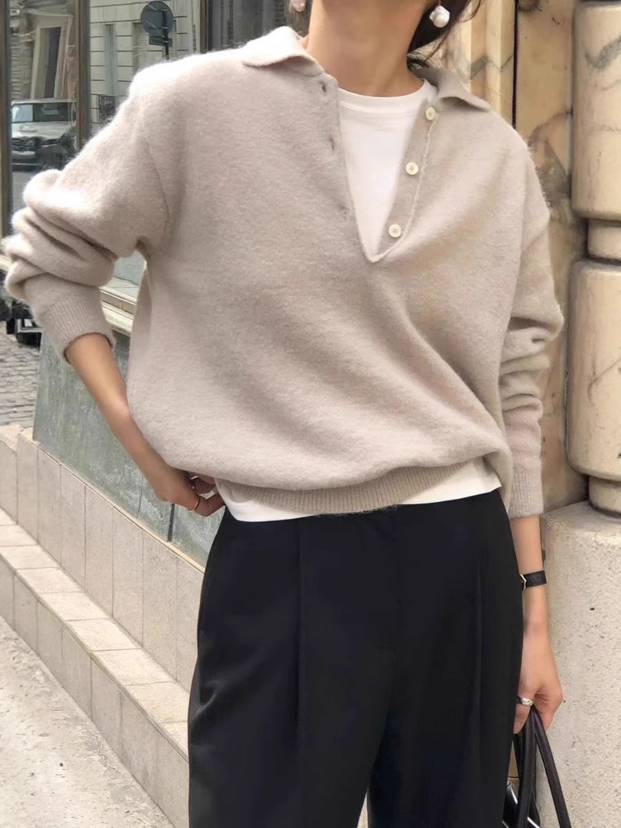 Damen Weicher Kapuzenpullover im Mohair‑Look mit tiefem V‑Ausschnitt und halber Knopfleiste Drune