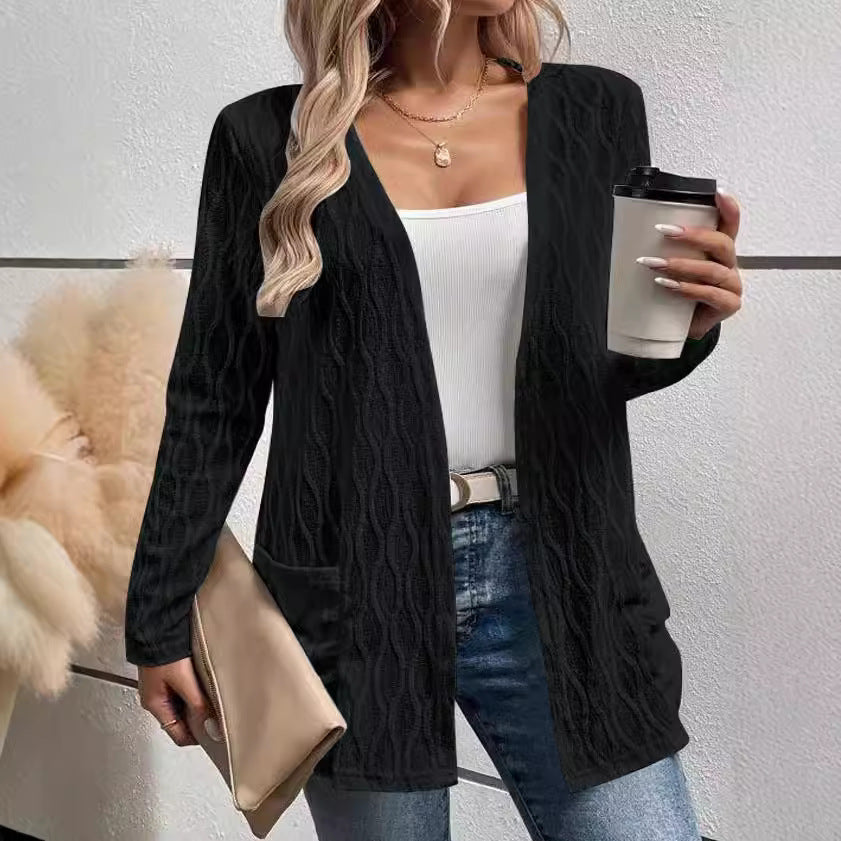 Damen Offene Strickjacke mit strukturierter Wellenoptik und aufgesetzten Taschen Drune