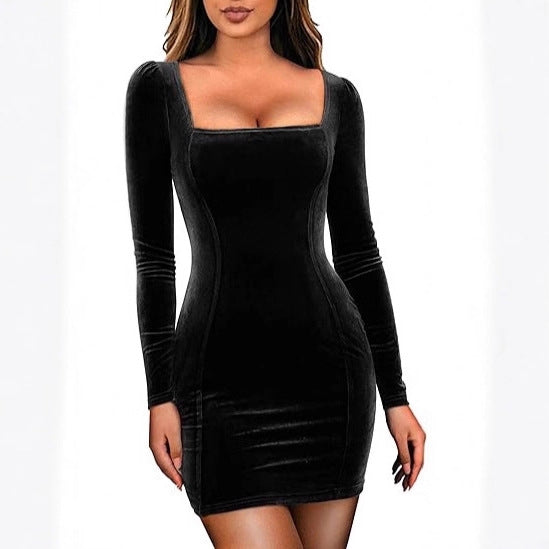 Damen Figurbetontes Samt-Minikleid mit quadratischem Ausschnitt und leichten Puffärmeln Drune