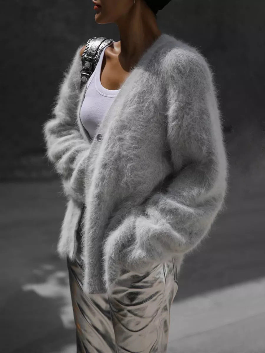 Damen gemütlicher Strickcardigan mit weichem Flauschmaterial und modischem Knopfdetail Drune
