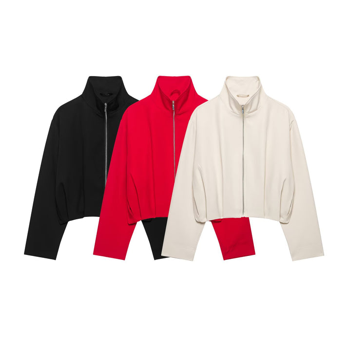 Damen Cropped-Boxy-Jacke mit hohem Stehkragen und durchgehendem Reißverschluss Drune