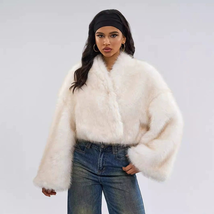 Damen Kurze voluminöse Crop-Faux-Fur-Jacke mit verlängerten Ärmeln Drune
