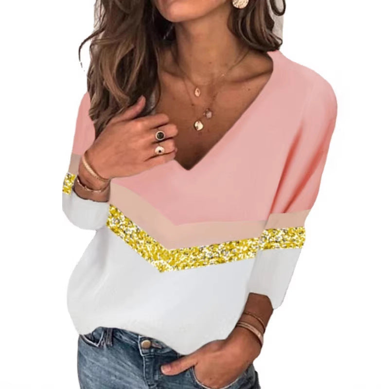 Damen Stylischer V-Ausschnitt Feinstrickpullover mit Glitzerband und Colorblock-Einsatz Drune
