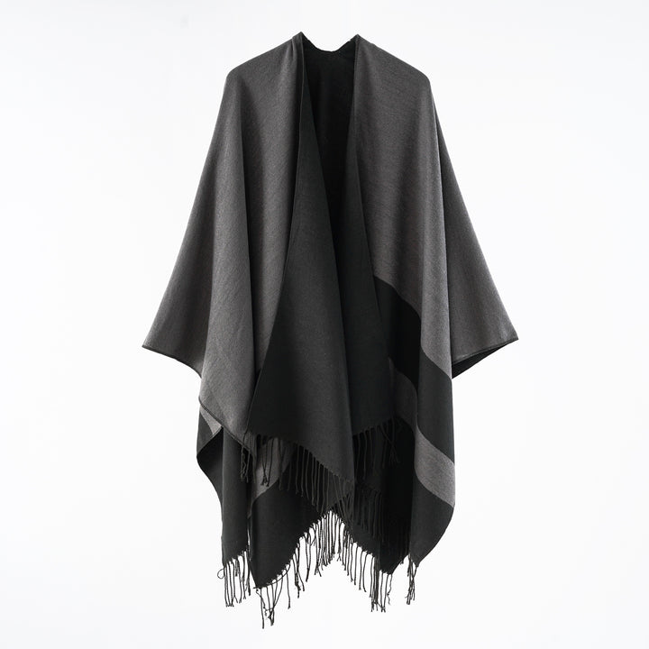 Damen Multifunktionaler Fransen‑Wickelponcho aus Wollmix mit doppellagigem Fall Drune