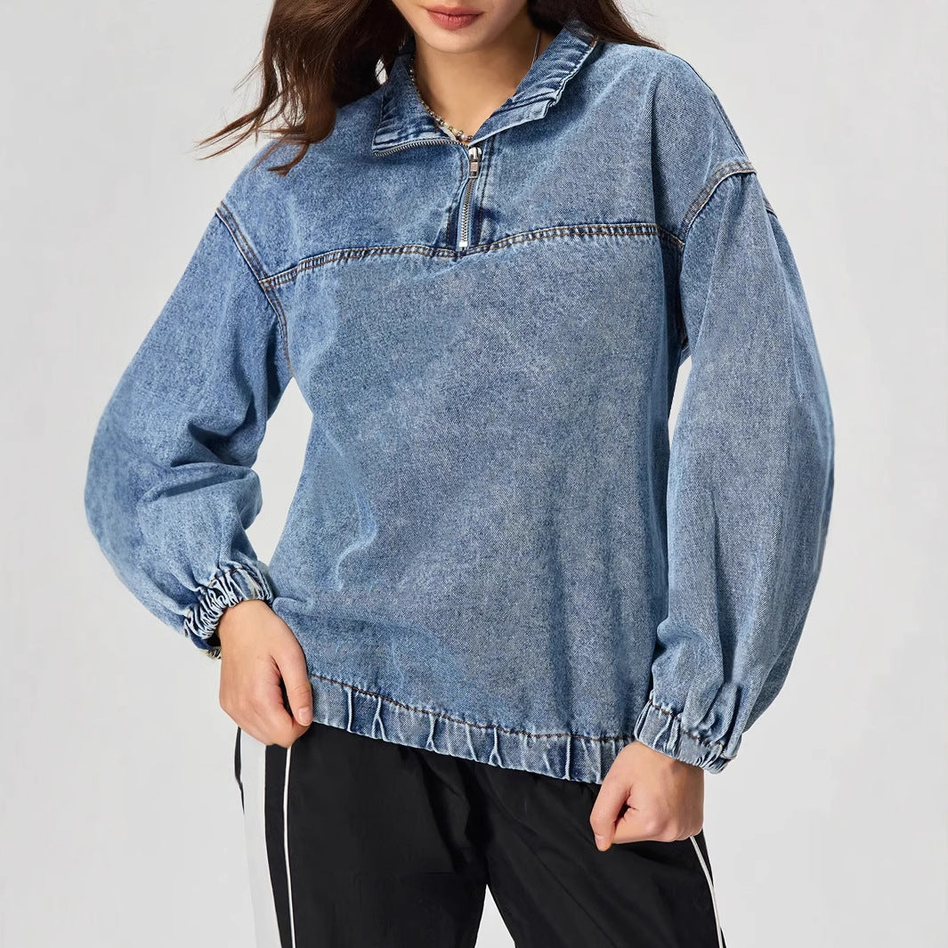 Damen lockeres Denim-Pullover mit Stehkragen und Reißverschluss Drune