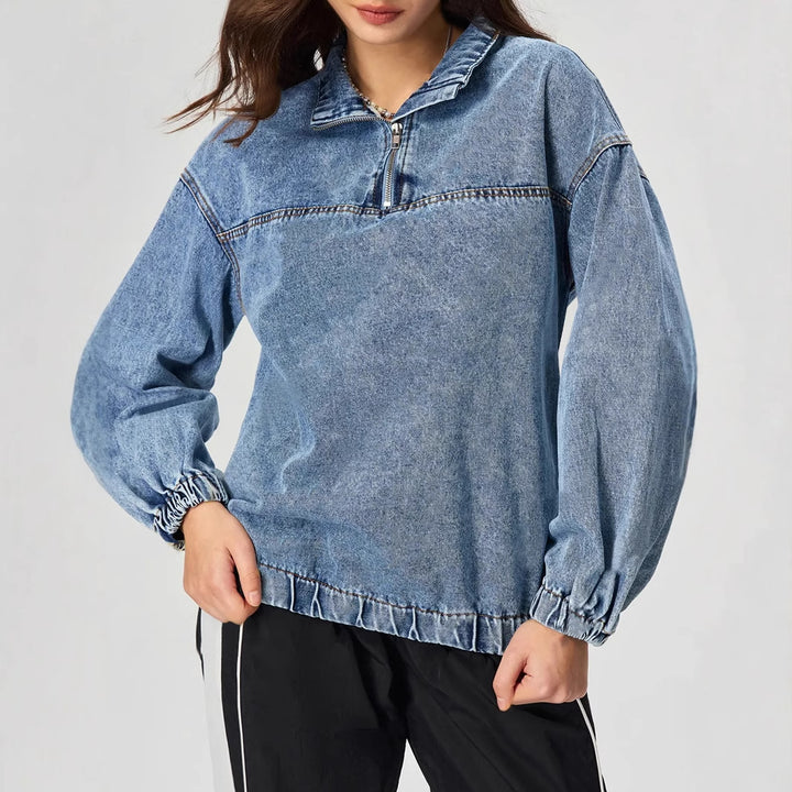 Damen lockeres Denim-Pullover mit Stehkragen und Reißverschluss Drune