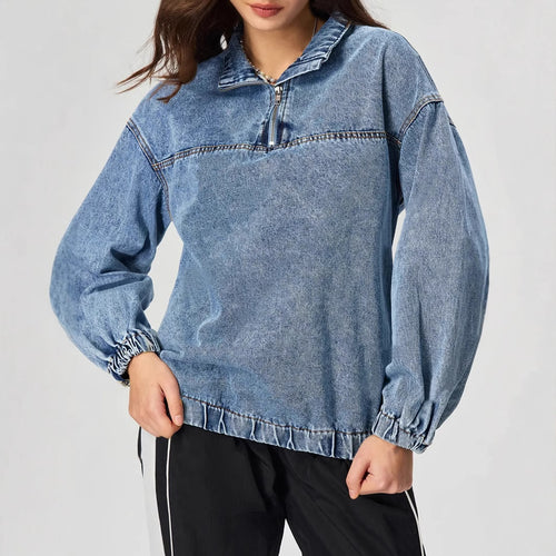 Damen lockeres Denim-Pullover mit Stehkragen und Reißverschluss Drune
