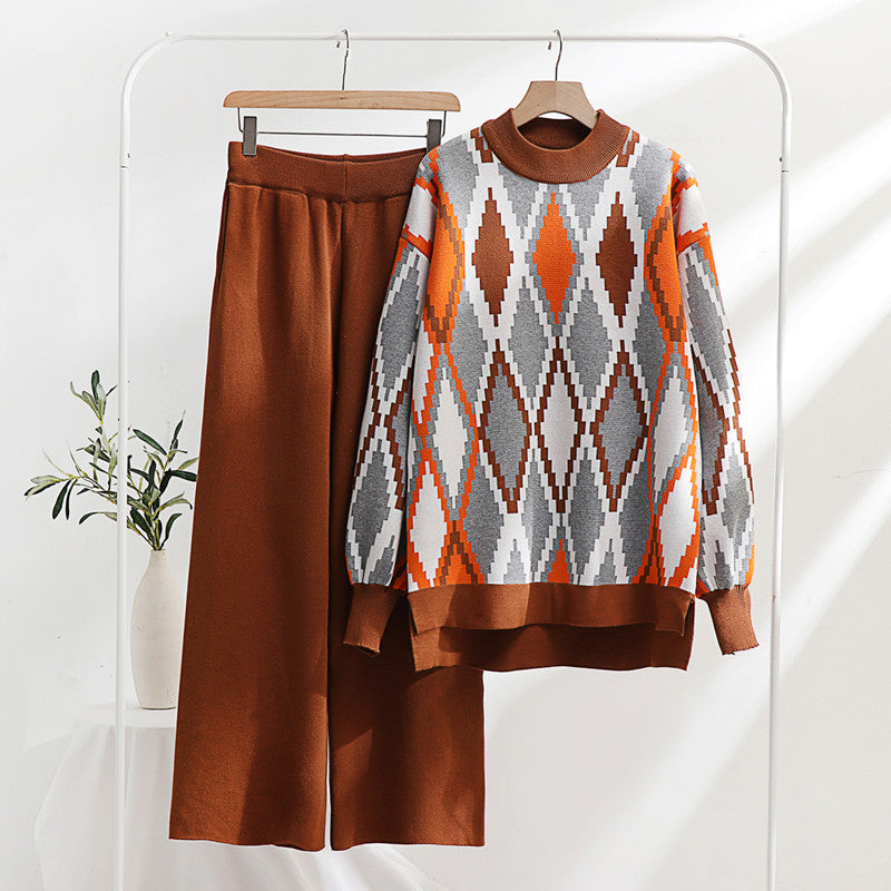 Damen modisches Strick-Loungewear-Set mit geometrischem Muster und weitem Schnitt Drune
