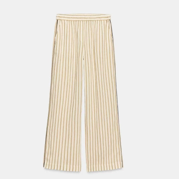 Damen Weite High‑Waist Palazzohose mit vertikalem Streifenmuster und elastischem Bund Drune