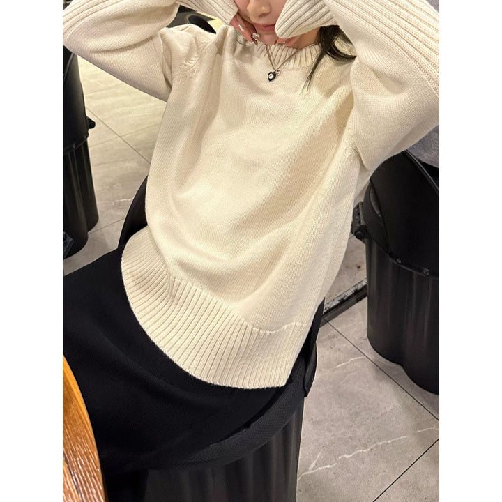 Damen gemütlicher Strickpullover mit Rundhalsausschnitt und breiten Rippbündchen Drune