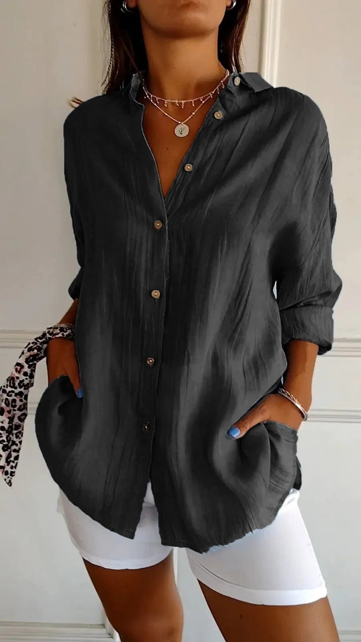 Damen lässige Hemdbluse mit strukturiertem Material und praktischen Taschen Drune