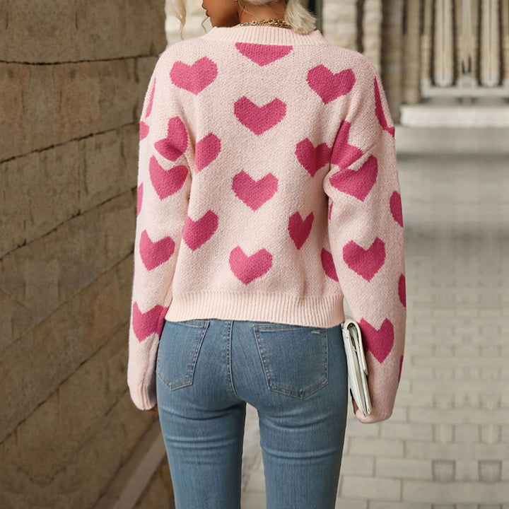Damen Gemusterter Strickpullover mit Herzmotiven Drune