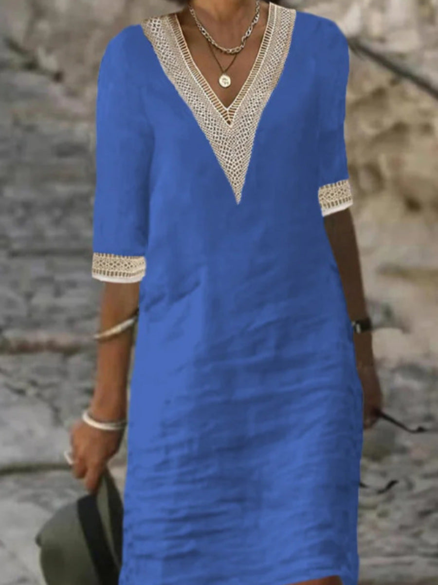 Damen Leinenlook Midi Kleid mit gehäkeltem V-Ausschnitt und 3/4 Ärmeln Drune
