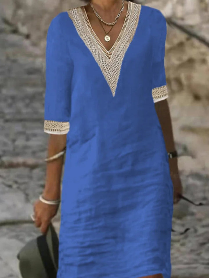 Damen Leinenlook Midi Kleid mit gehäkeltem V-Ausschnitt und 3/4 Ärmeln Drune