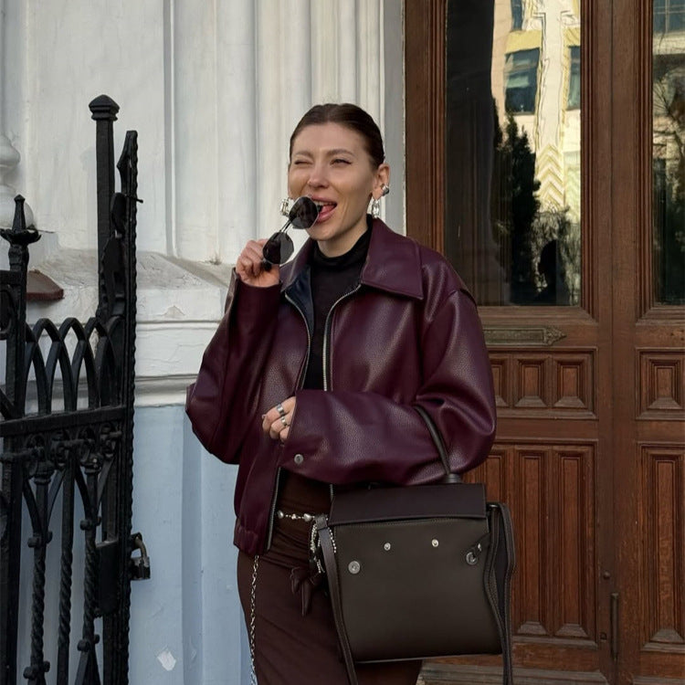 Damen Boxy-Kunstlederjacke mit durchgehendem Reißverschluss, Hemdkragen und leichtem Cropped-Cut Drune