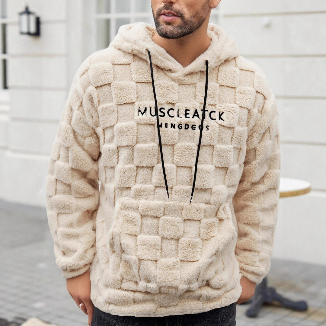 Herren flauschiger Sherpa-Hoodie mit Quadrat-Steppmuster, Kängurutasche und verstellbarer Kapuze Drune