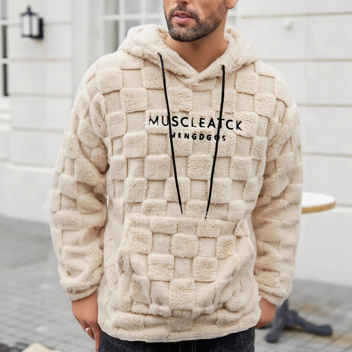 Herren flauschiger Sherpa-Hoodie mit Quadrat-Steppmuster, Kängurutasche und verstellbarer Kapuze Drune