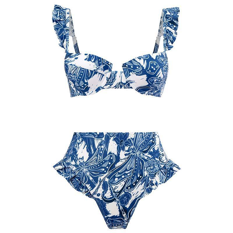 Damen Bikini-Set mit rüschenverziertem Oberteil und hoch taillierter Hose Drune