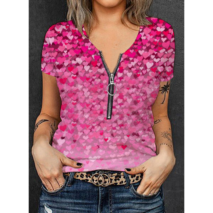 Damen V-Ausschnitt T-Shirt mit floralem Herz-Design und Reißverschluss Drune
