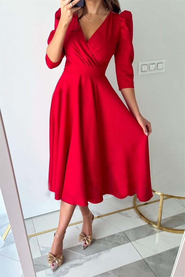 Damen Festliches A-Linien Kleid mit Puffärmeln und V-Ausschnitt Drune