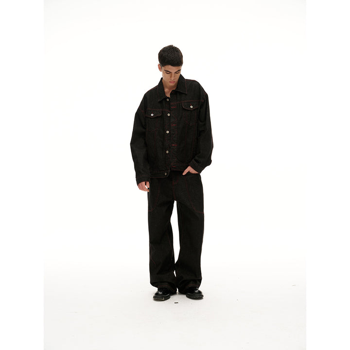 Herren Boxy‑Denimjacke mit roten Kontrastnähten und Metallknöpfen Drune