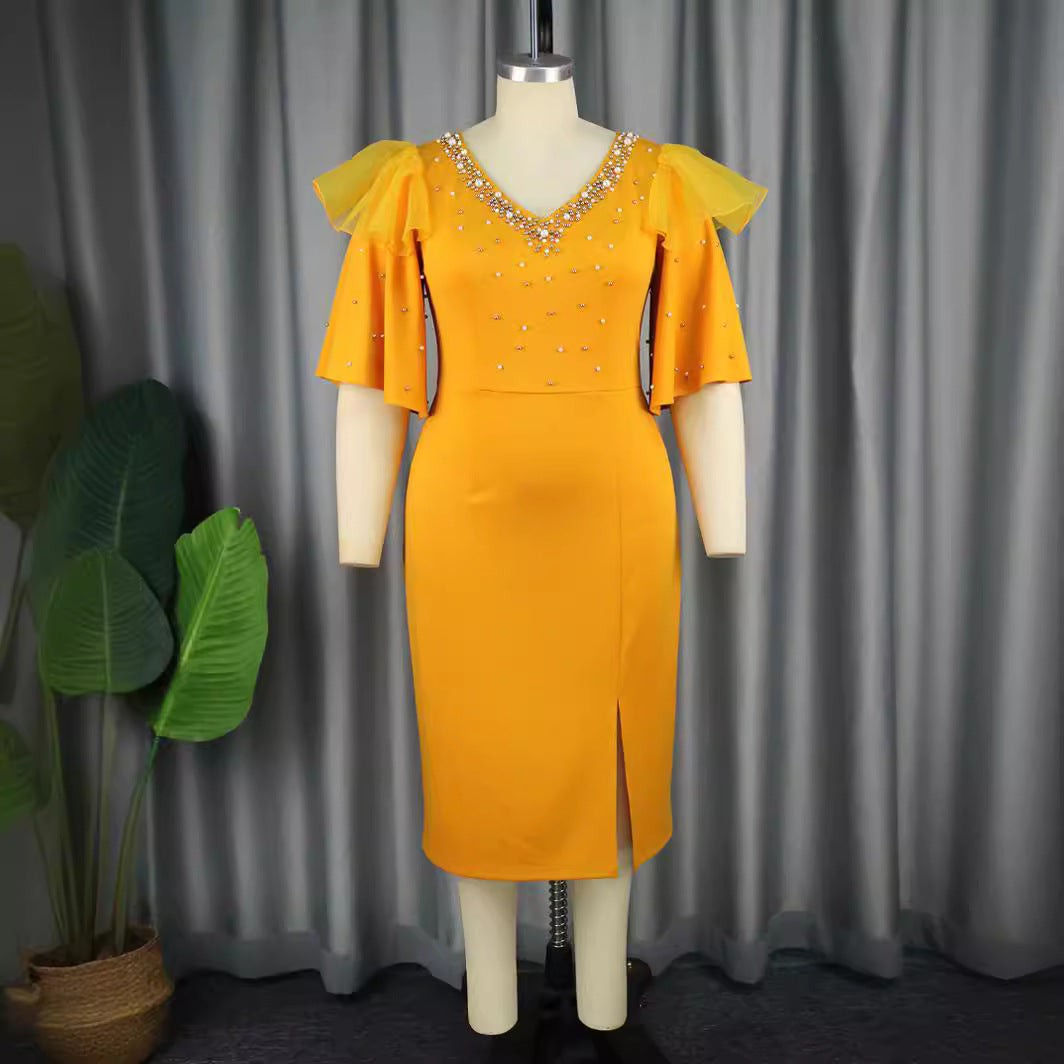 Damen elegantes Schimmerndes Midi-Kleid mit Volantrüsche und Glamourösen Akzenten Drune