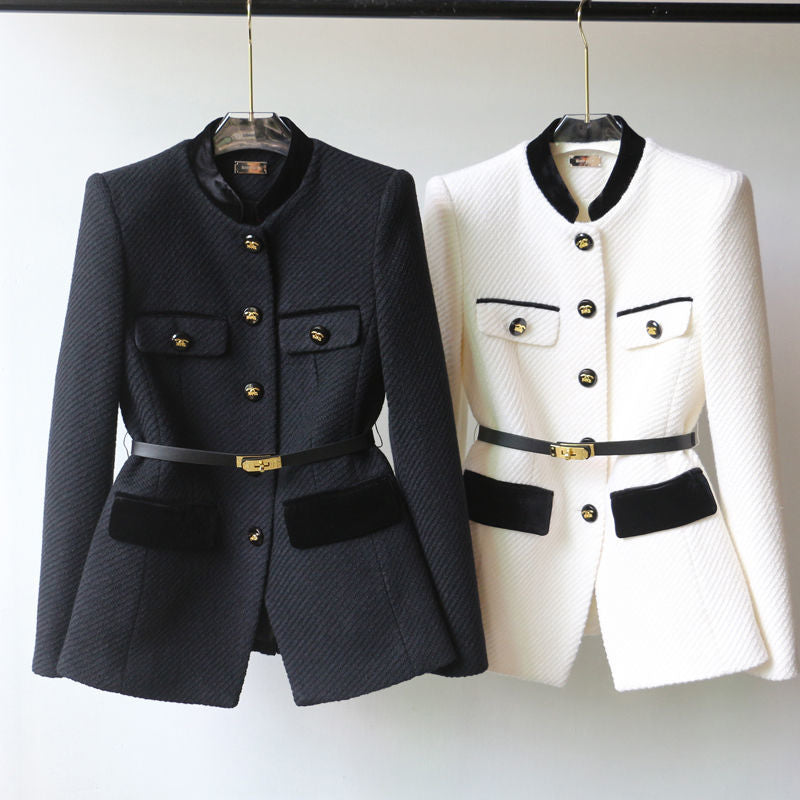 Damen Elegante Bouclé-Blazerjacke mit Samtbesatz und Taillengürtel Drune