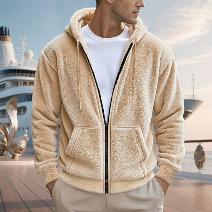 Herren Teddy-Fleece-Kapuzenjacke mit durchgehendem Reißverschluss und Kängurutaschen Drune