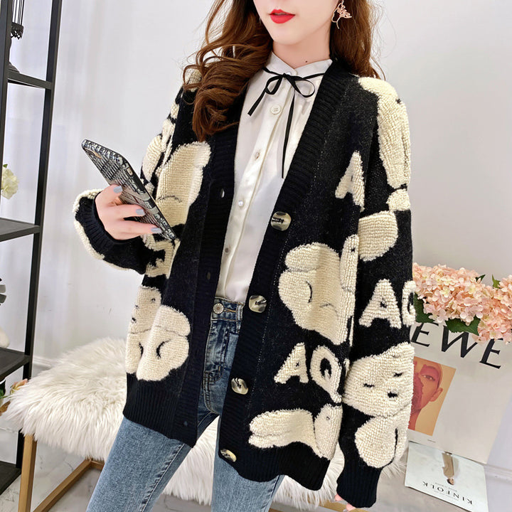 Damen kuschelige Strickjacke mit großem Schriftmotiv Drune