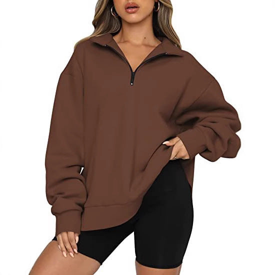 Damen modischer Oversized Pullover mit kurzem Reißverschluss und lässigen Ärmeln Drune