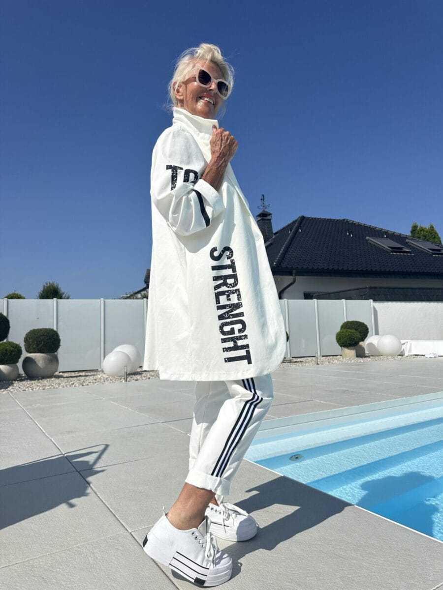 Damen lässiger Trenchcoat mit modischen Streifen und stylischem Schriftzug Drune