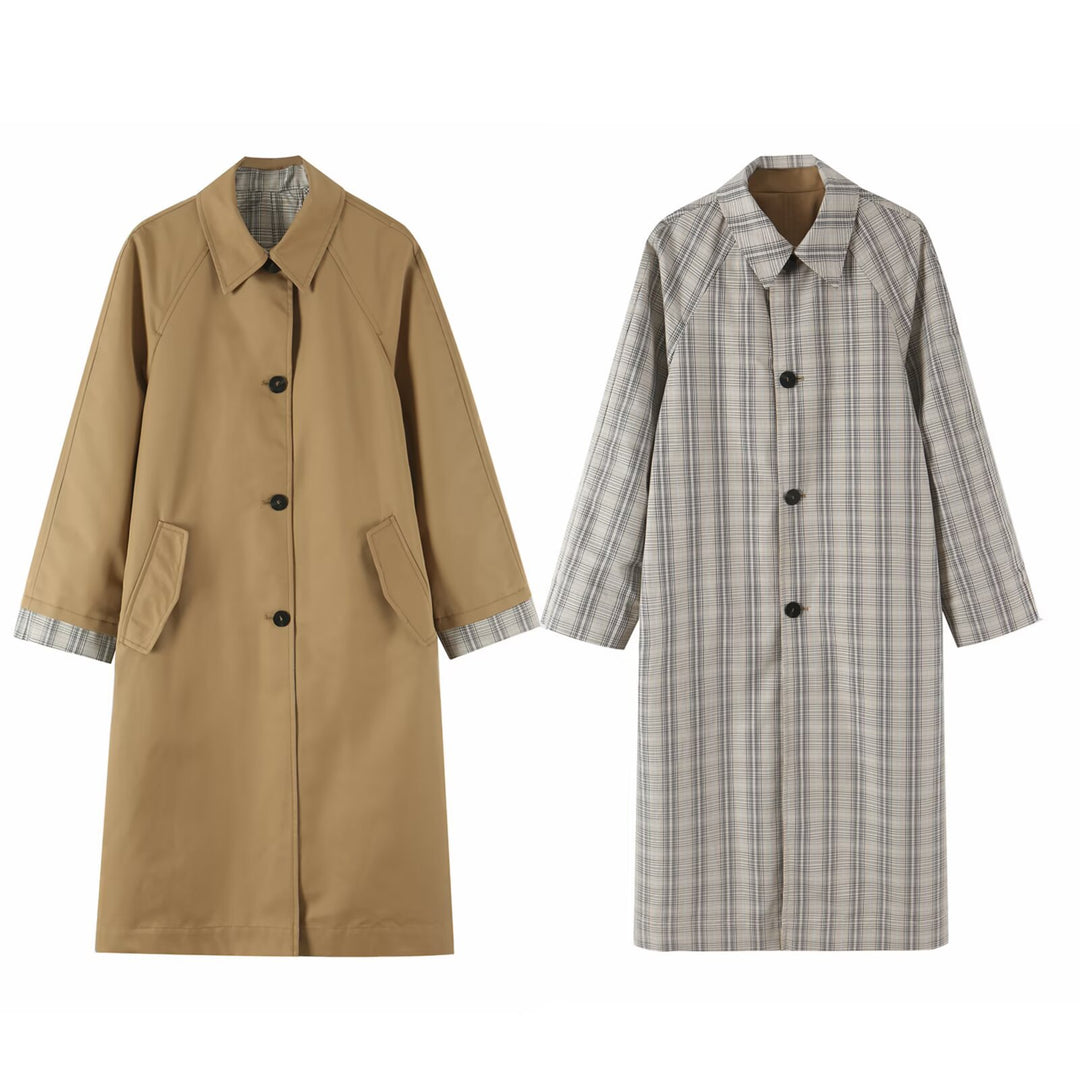 Damen Wendbarer Trenchcoat mit Raglanärmeln, kariertem Innenfutter und verdeckter Knopfleiste Drune