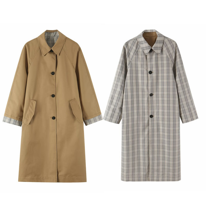 Damen Wendbarer Trenchcoat mit Raglanärmeln, kariertem Innenfutter und verdeckter Knopfleiste Drune