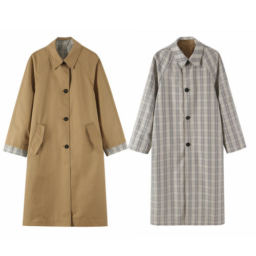 Damen Wendbarer Trenchcoat mit Raglanärmeln, kariertem Innenfutter und verdeckter Knopfleiste Drune
