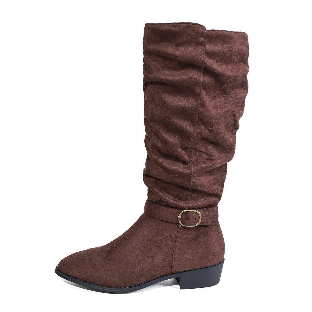 Damen kniehoher Slouch-Stiefel aus weichem Microvelours mit Ziergurt und niedrigem Blockabsatz Drune
