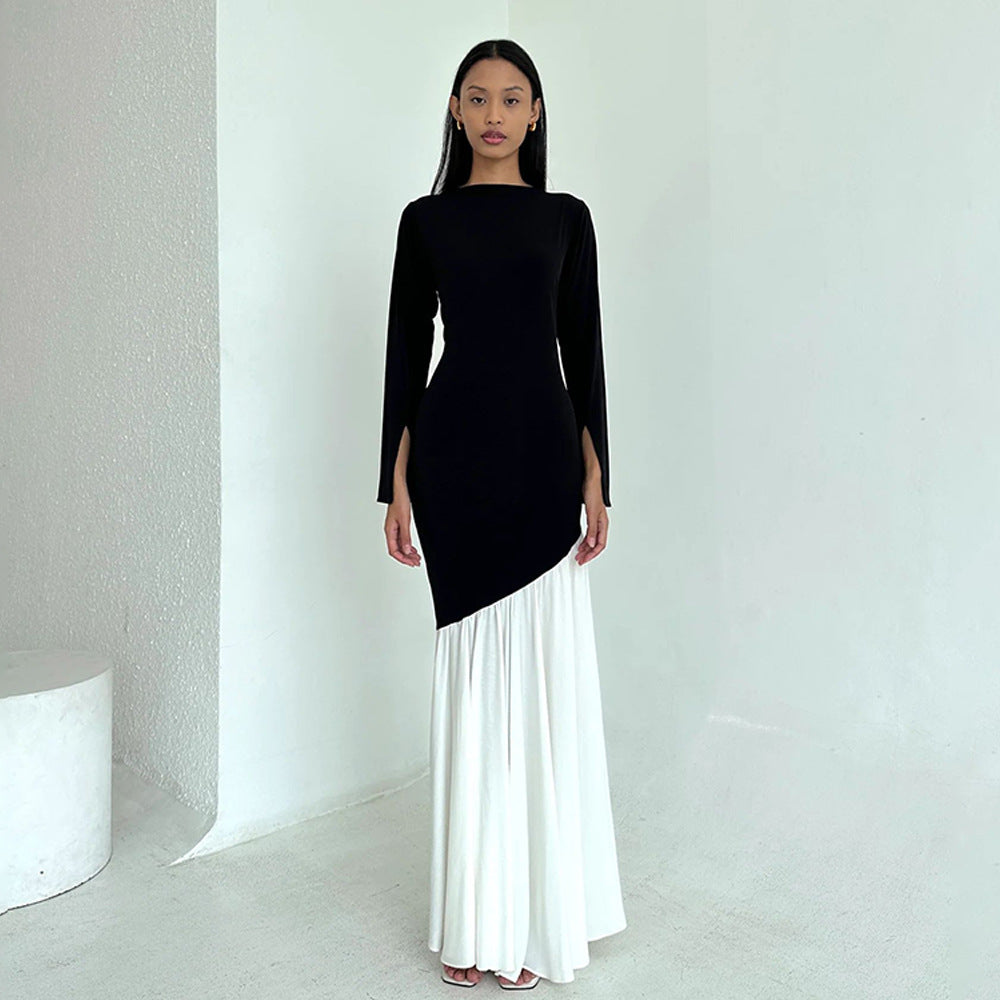 Damen elegantes, asymmetrisches Maxikleid mit langen Ärmeln und farblichen Kontrasten Drune