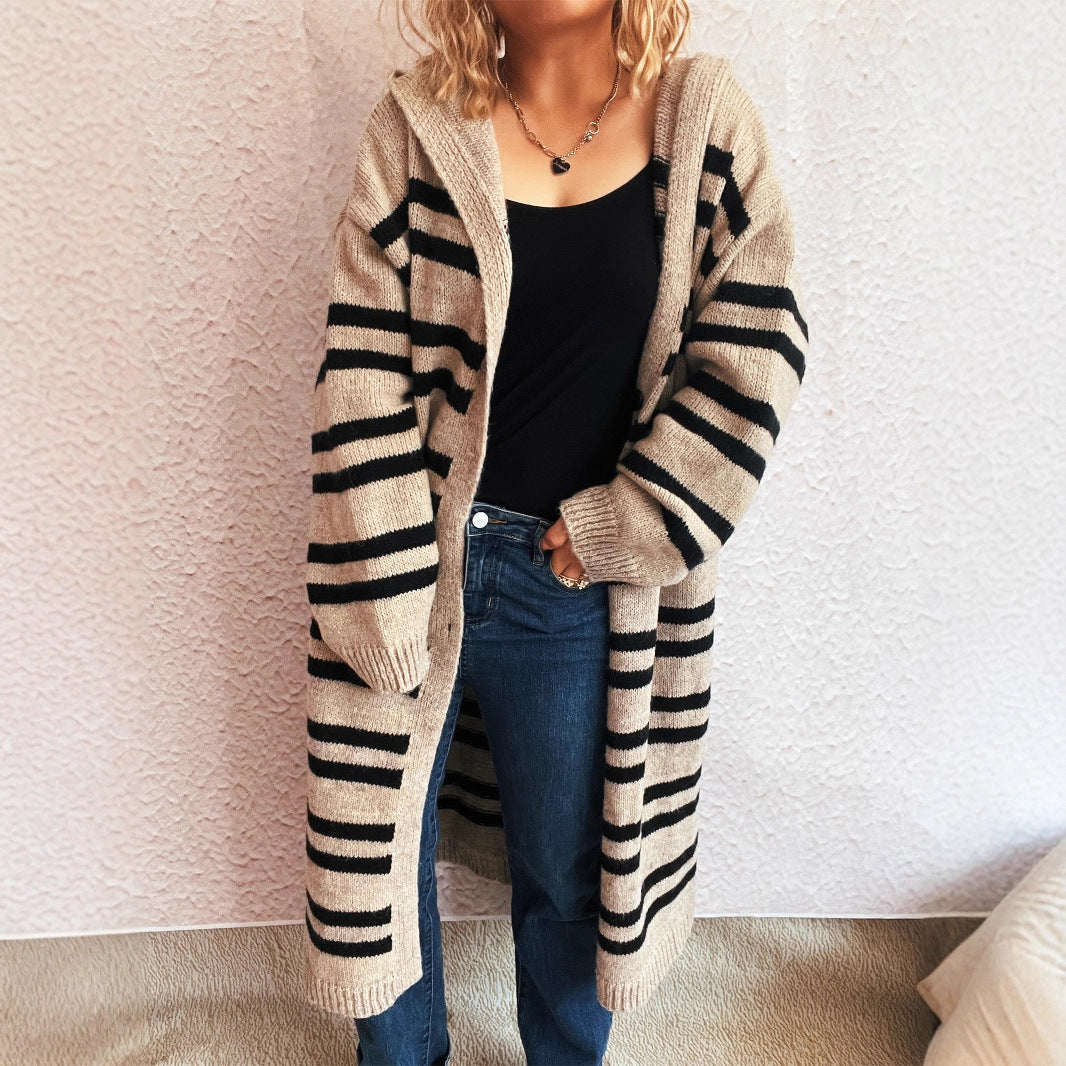 Damen gemütlicher Strickcardigan mit modischem Streifenmuster und Kapuze Drune