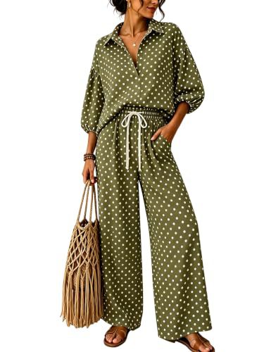 Damen Gepunktetes Zweiteiliges Lounge-Set mit Hemdblusen-Oberteil und Kordelzug-Weitbundhose Drune