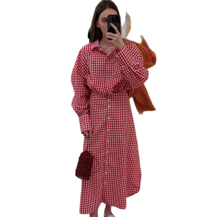 Damen Karo-Maxikleid mit durchgehender Knopfleiste, taillierter Schärpe und verlängerten Manschetten Drune