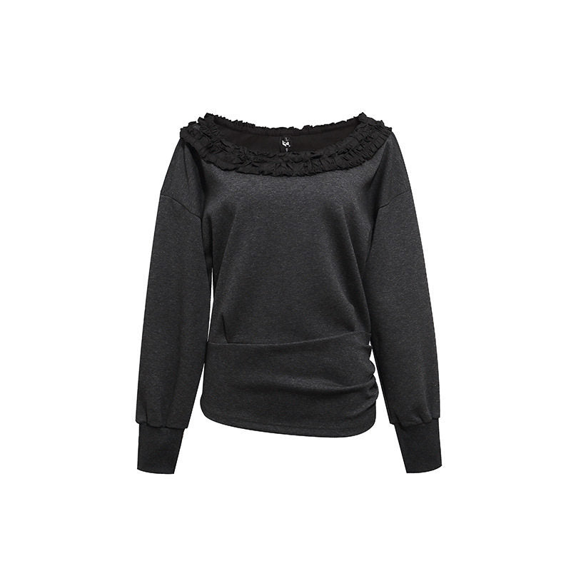 Damen Sweatshirt mit Carmen‑Ausschnitt, Spitzenrüsche und seitlicher Raffung Drune