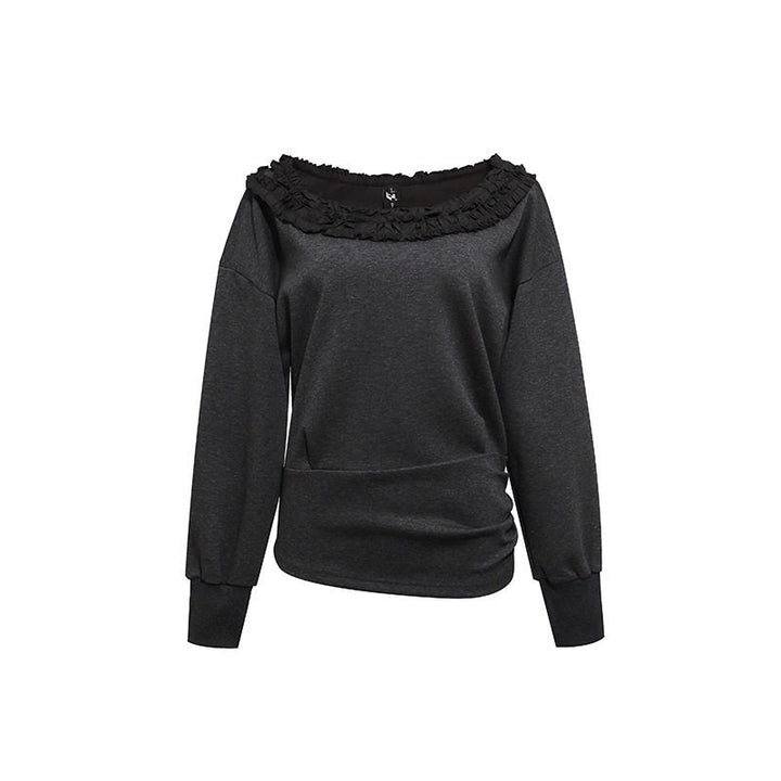 Damen Sweatshirt mit Carmen‑Ausschnitt, Spitzenrüsche und seitlicher Raffung Drune