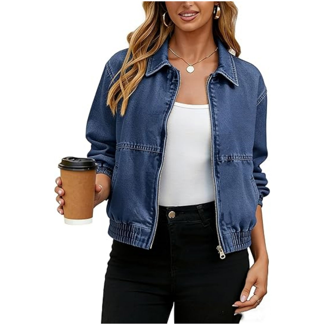 Damen Leichte Cropped-Jeansjacke mit Gummibündchen und Reißverschluss Drune