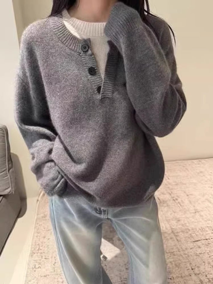 Damen Oversize-Henley-Pullover aus flauschigem Mohair‑Look mit Knopfleiste Drune