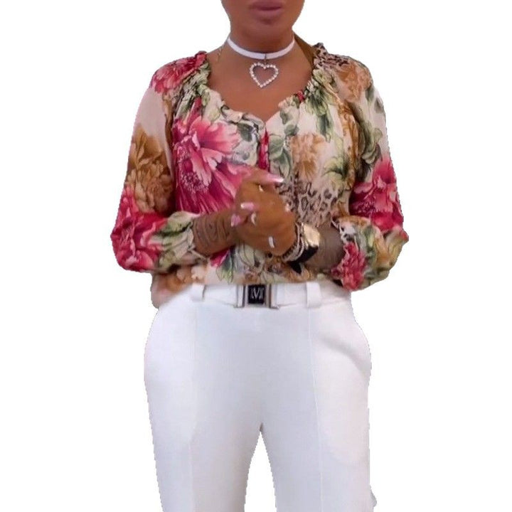 Damen nan Seidenoptik-Bluse mit floral-animalischem Print, V-Ausschnitt, Raffung und Manschetten Drune