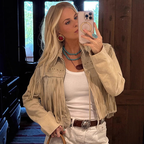 Damen Cropped Wildleder‑Style Fransenjacke mit Nietenapplikation Drune