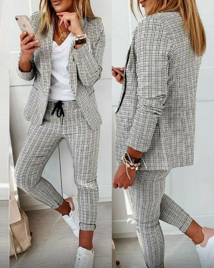 Damen nan zweiteiliges Karomuster Business-Casual Blazer-Set mit elastischer Bundhose Drune