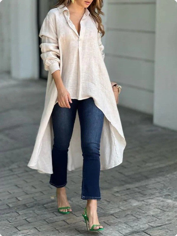 Damen Leichte Leinen‑Tunika‑Bluse mit asymmetrischem High‑Low‑Schwanz und Hemdkragen Drune