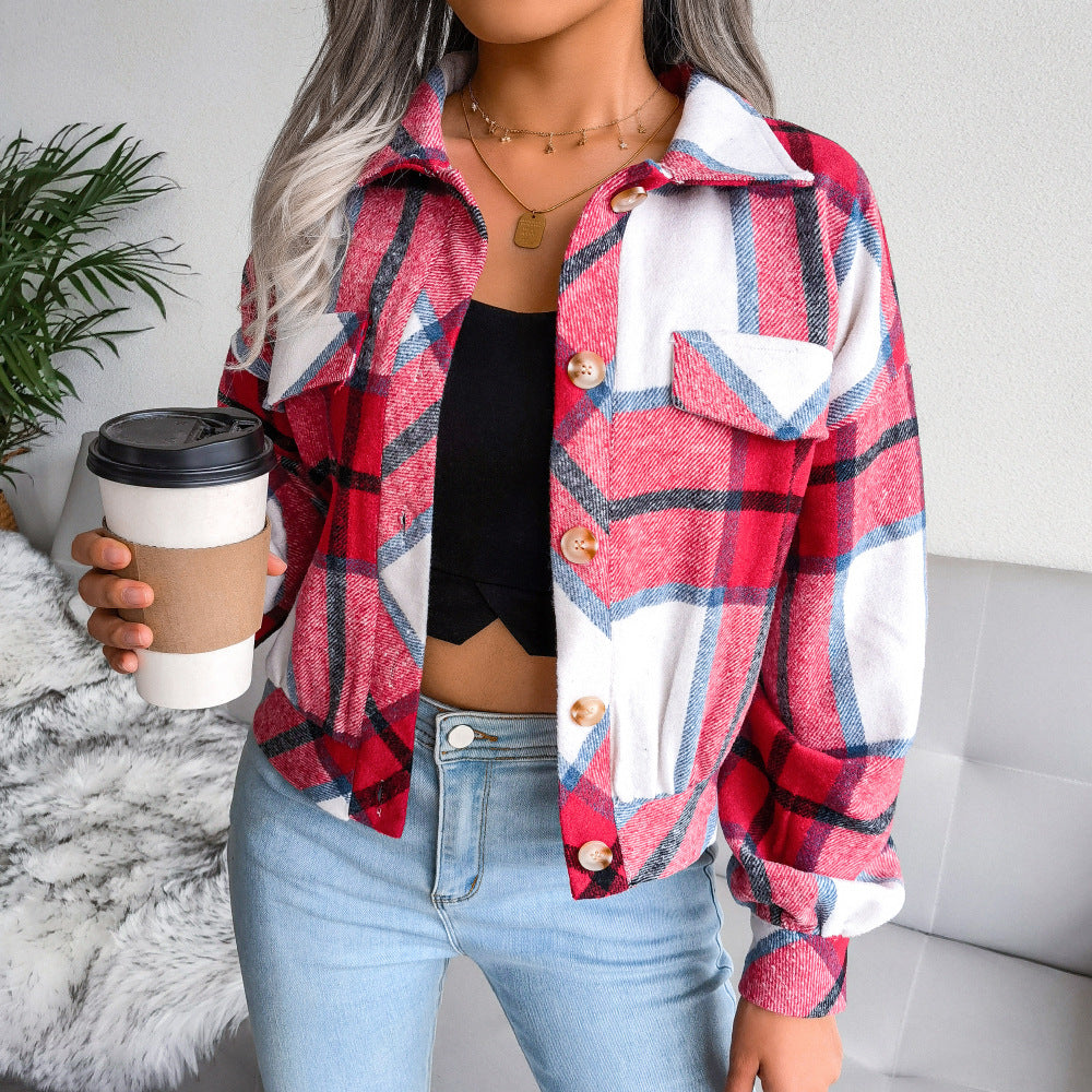 Damen Karo Overshirt mit Druckknopfverschluss und Brusttaschen Drune