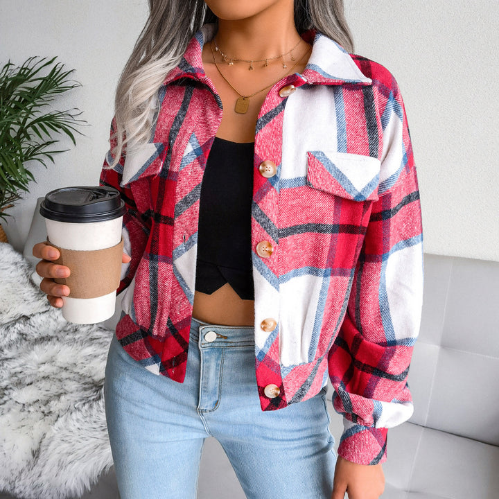 Damen Karo Overshirt mit Druckknopfverschluss und Brusttaschen Drune