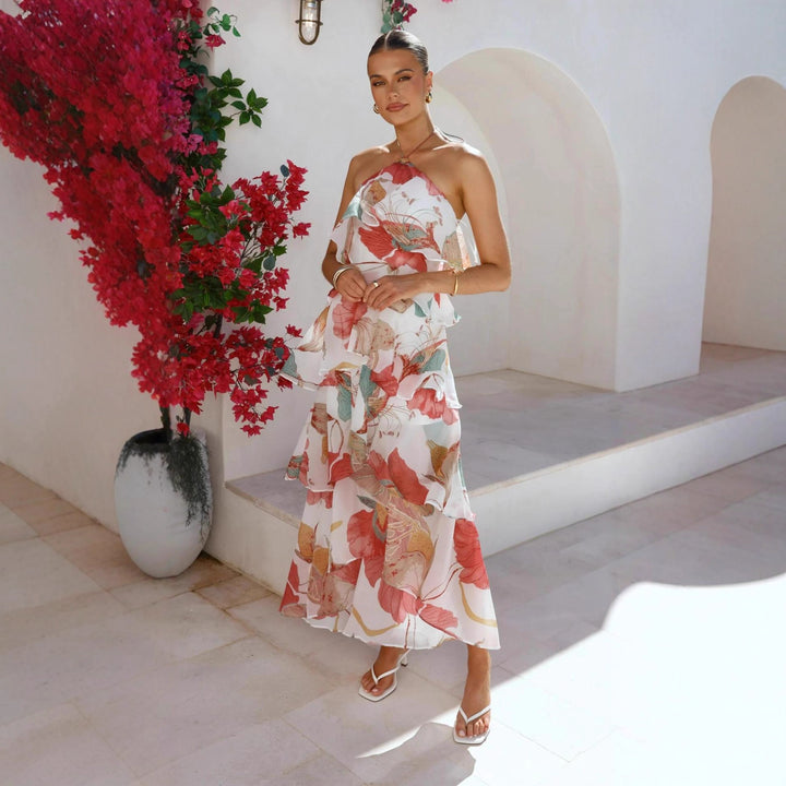 Damen Maxikleid mit elegantem Überwurf und floralen Rüschen Drune